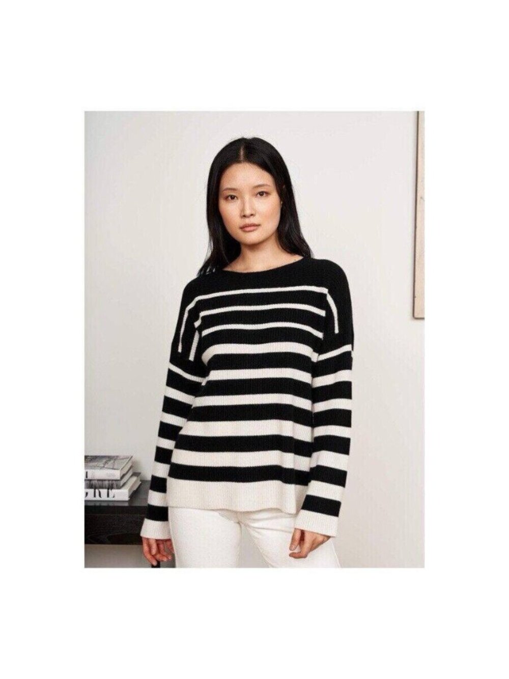 La Ligne Sz Large Womens Charlotte Sweater Cashmere Black Striped Top $395